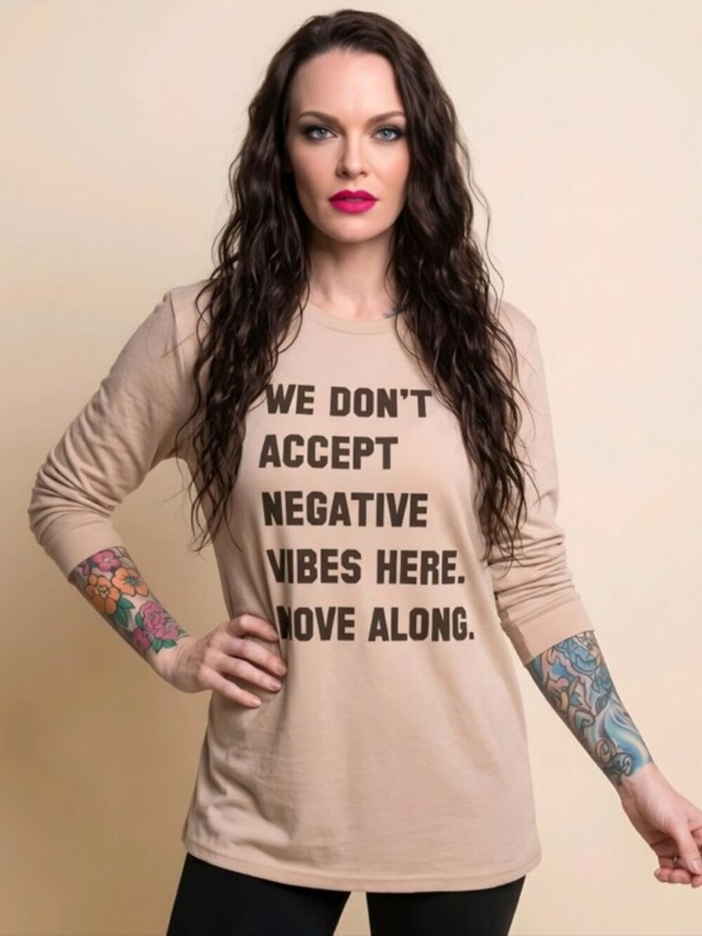 Fashion Nova Negative Vibes Long Sleeve Top Beige Slogan Graphic Crew Sz XS NWT